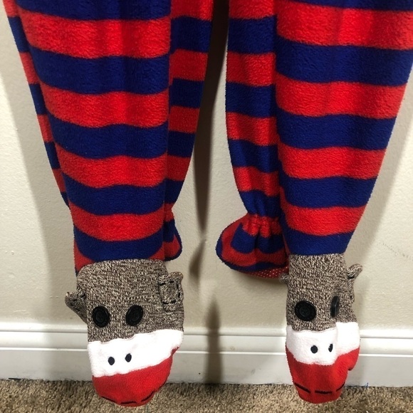 Nick & Nora Sock Monkey Zip Up Onesie Sleepwear Pajamas One Piece Small Red Blue - Picture 8 of 10